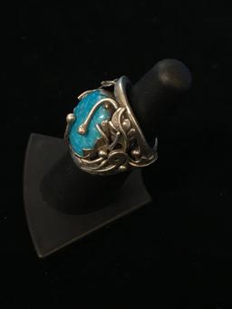 Old Pawn Native American SJ Thick Sterling Silver & Turquoise Leaf Ring - Size 6.5