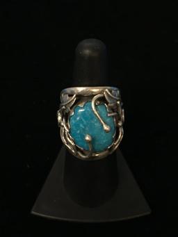 Old Pawn Native American SJ Thick Sterling Silver & Turquoise Leaf Ring - Size 6.5