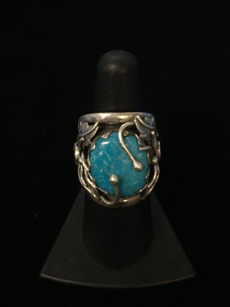 Old Pawn Native American SJ Thick Sterling Silver & Turquoise Leaf Ring - Size 6.5