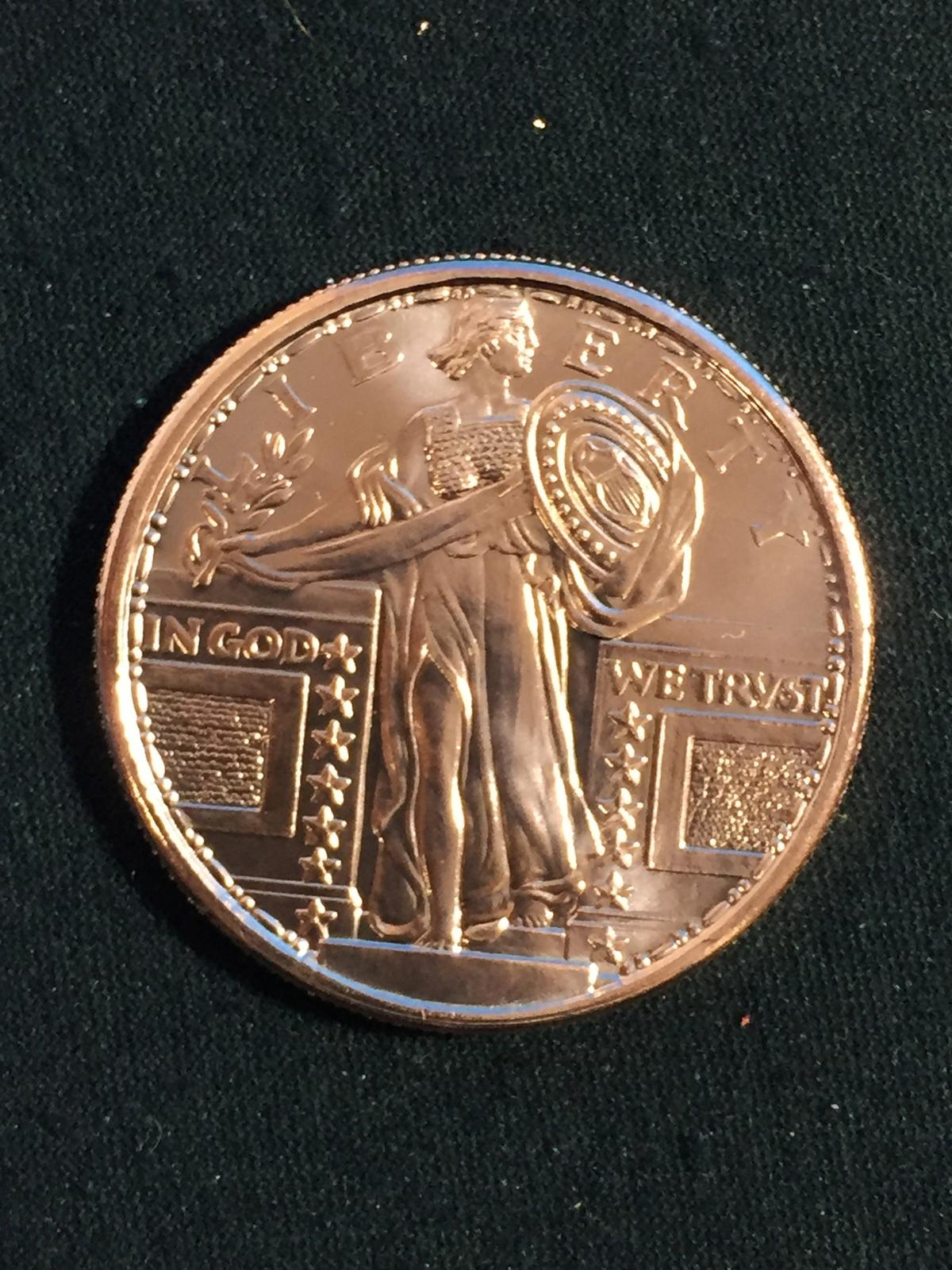 1 Ounce .999 Fine Copper Standing Liberty Bullion Round