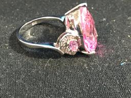 Large Pink Gemstone Sterling Silver Cocktail Ring - Size 6