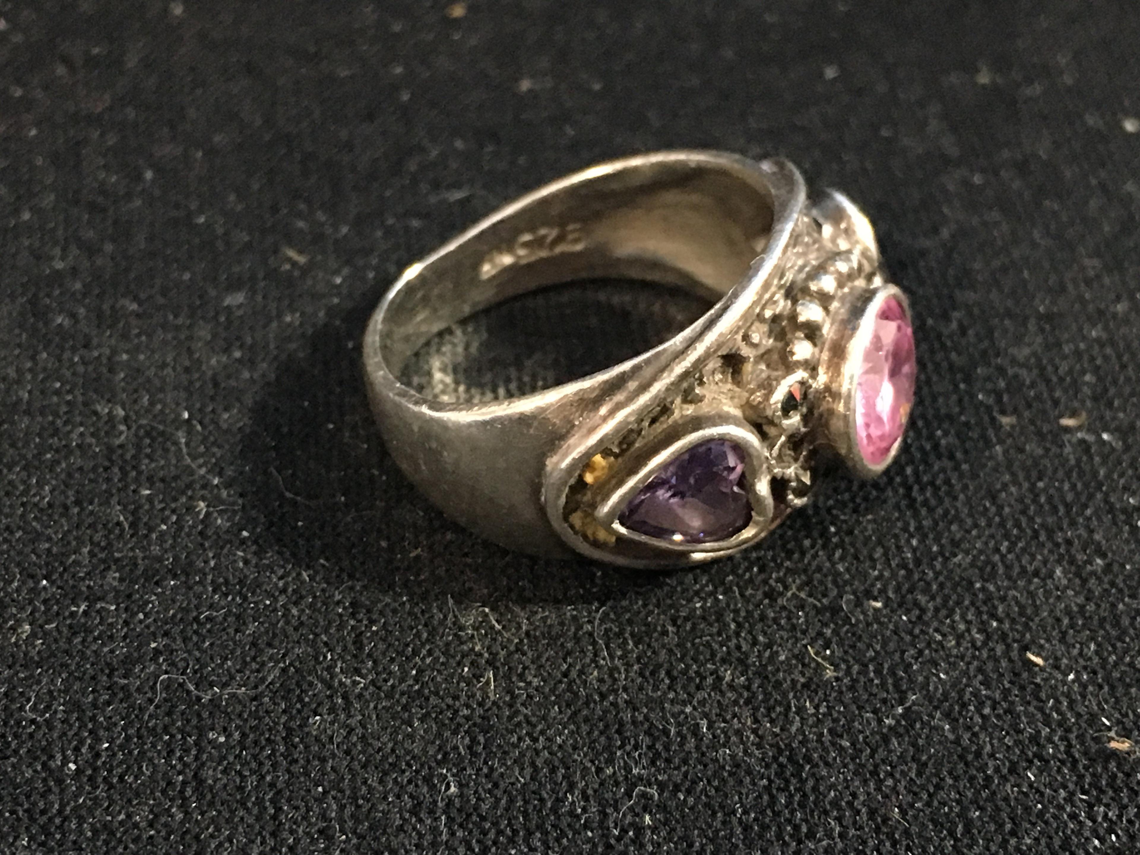 NF Sterling Silver Ring W/ Pink & Purple Heart Gemstones - Size 5.5