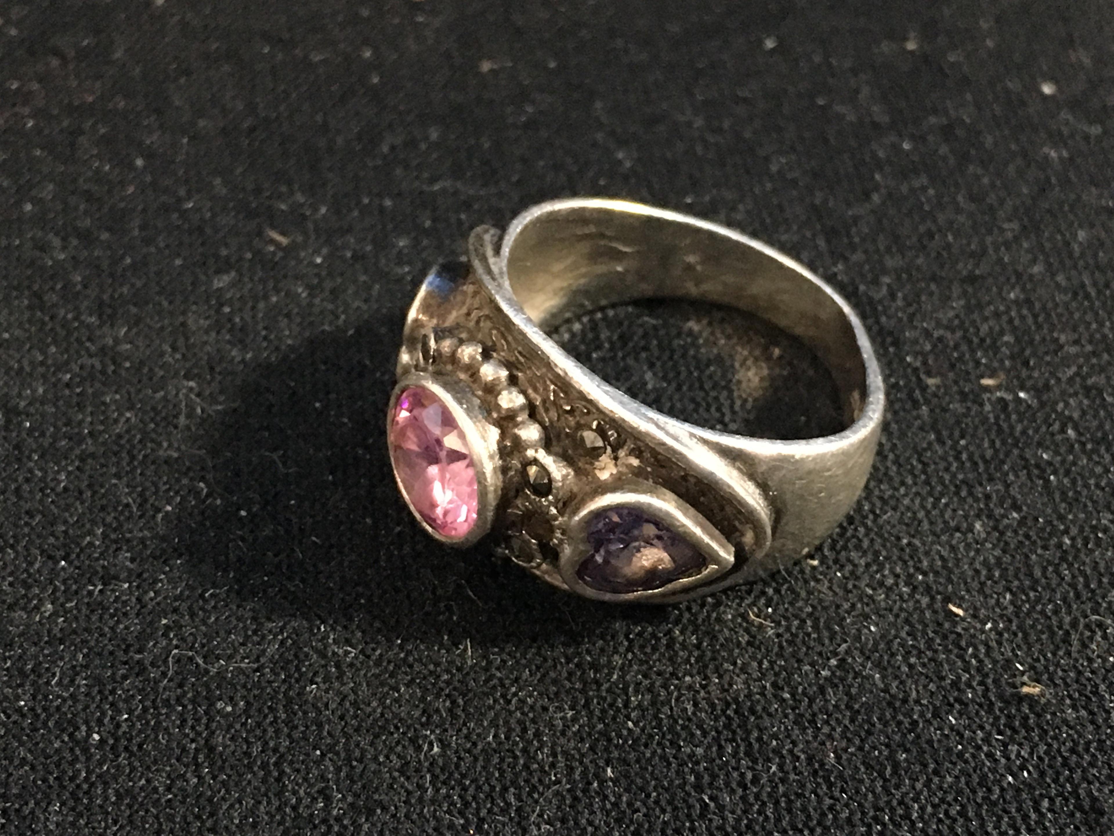 NF Sterling Silver Ring W/ Pink & Purple Heart Gemstones - Size 5.5