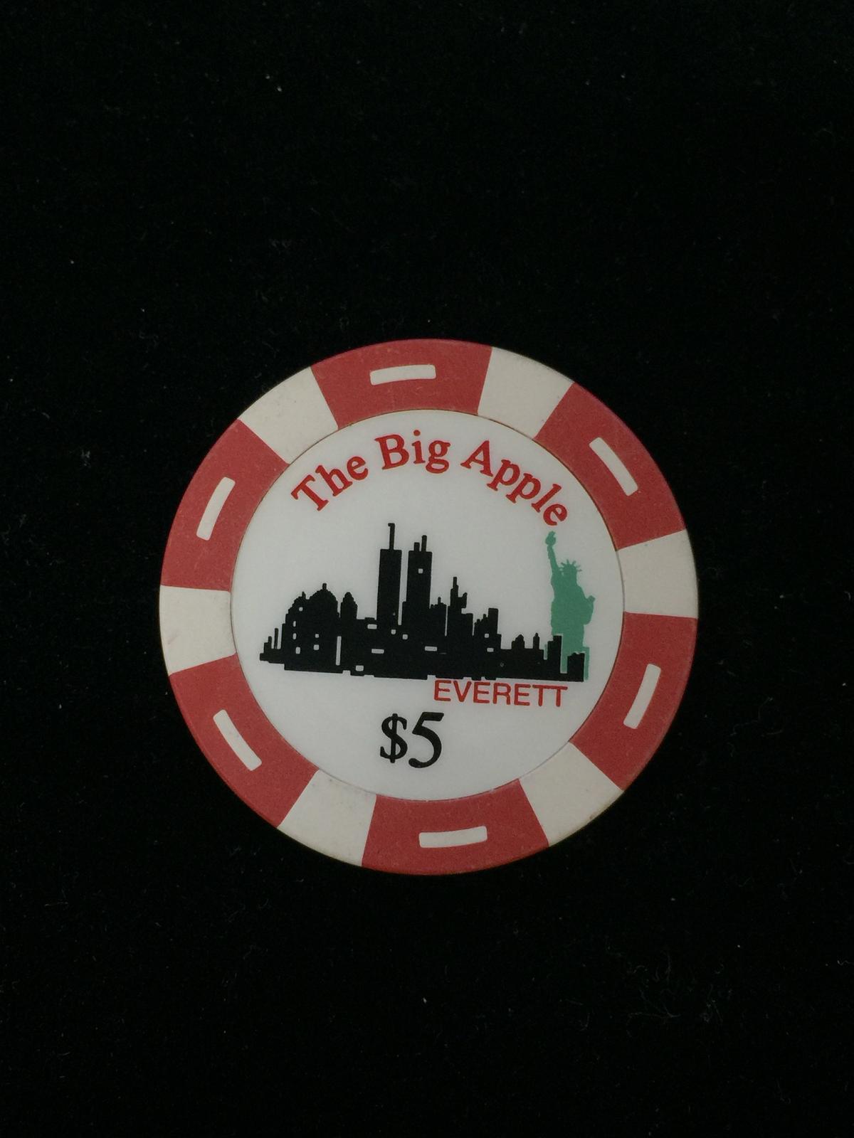 Vintage The Big Apple Casino - Everett, Washington $5 Casino Chip - RARE