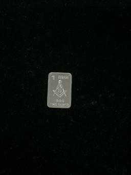 1 Gram .999 Fine Silver Masonic Square & Compass Silver Bullion Bar