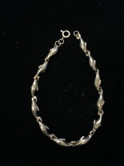 Carved Sterling Silver Dolphin Link Chain 7.5" Bracelet