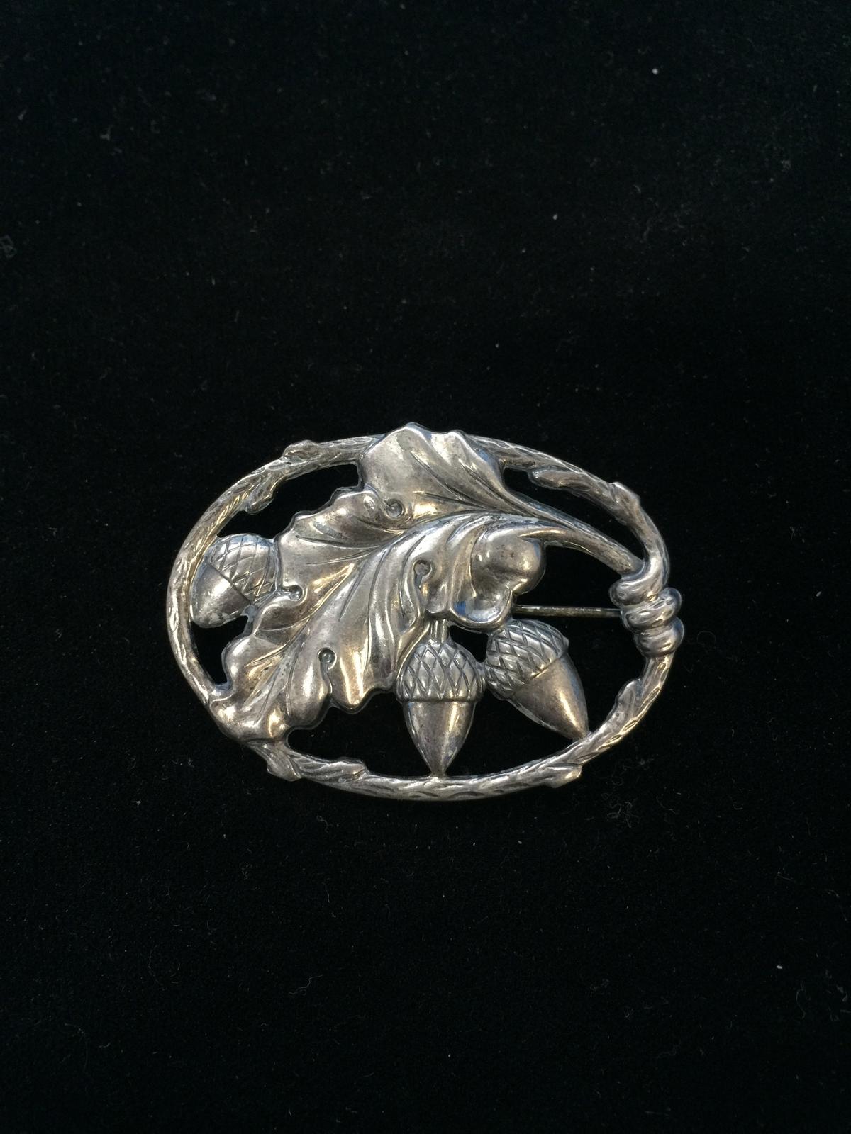 Vintage Sterling Silver Acorn Leaf Brooch Pin