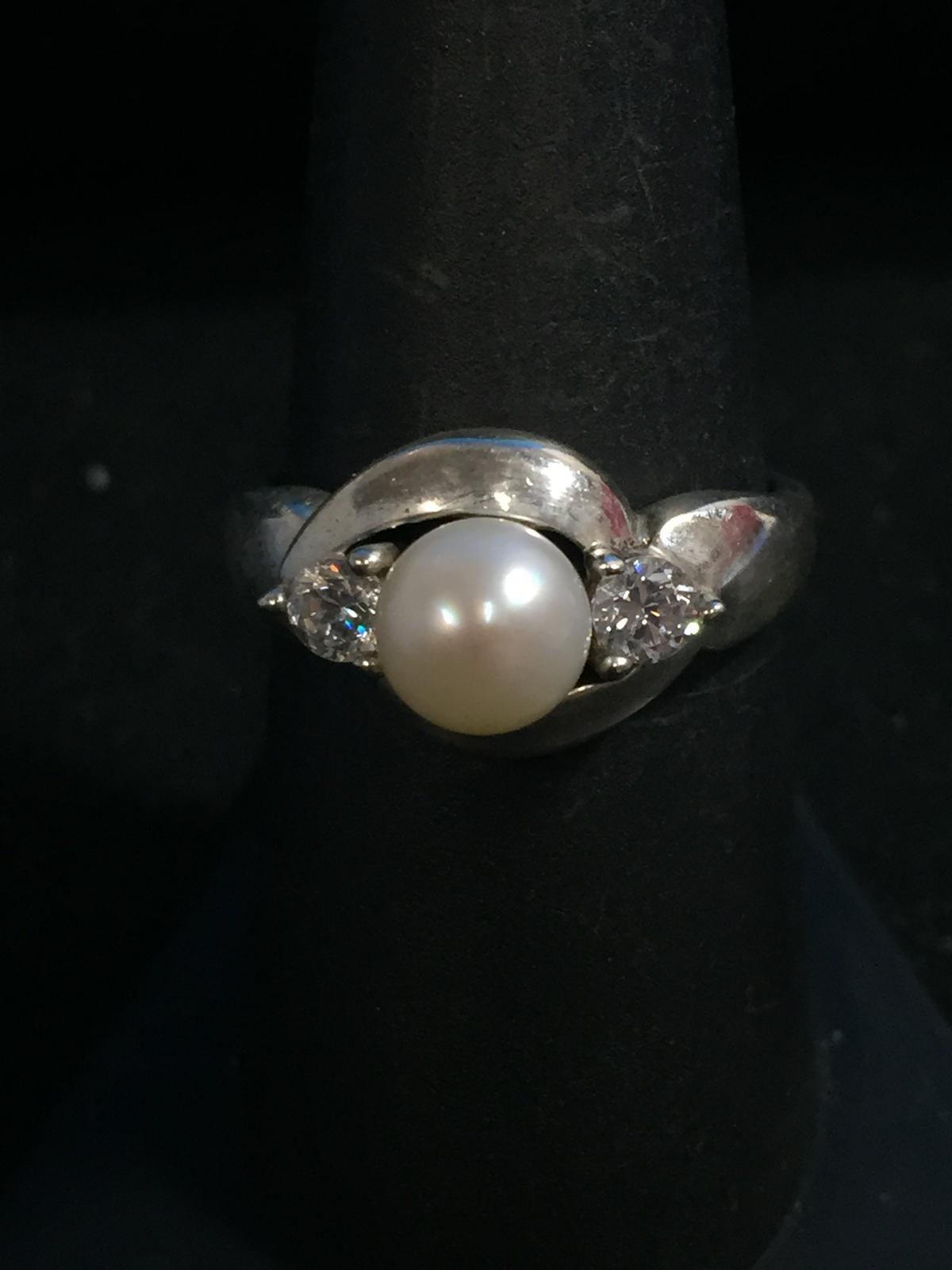 Pearl & CZ Sterling Silver Cocktail Ring - Size 8