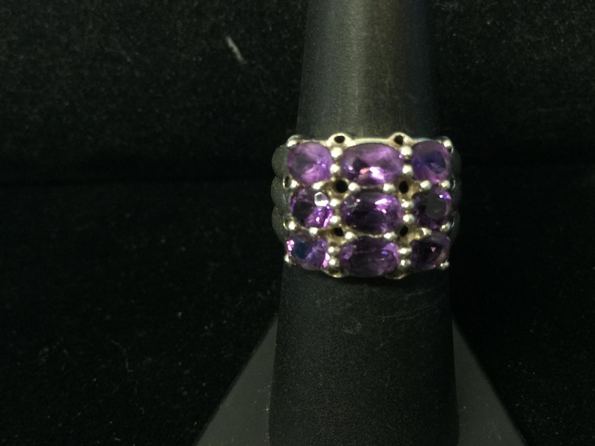 Beautiful Amethyst Cluster Sterling Silver Ring - Size 6.75