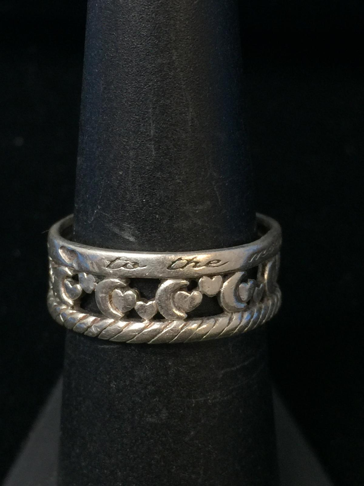 Moon & Star Carved Sterling Silver Ring Band - Size 7.5