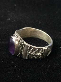 Bali Style Sterling Silver & Amethyst Ring - Size 8.5