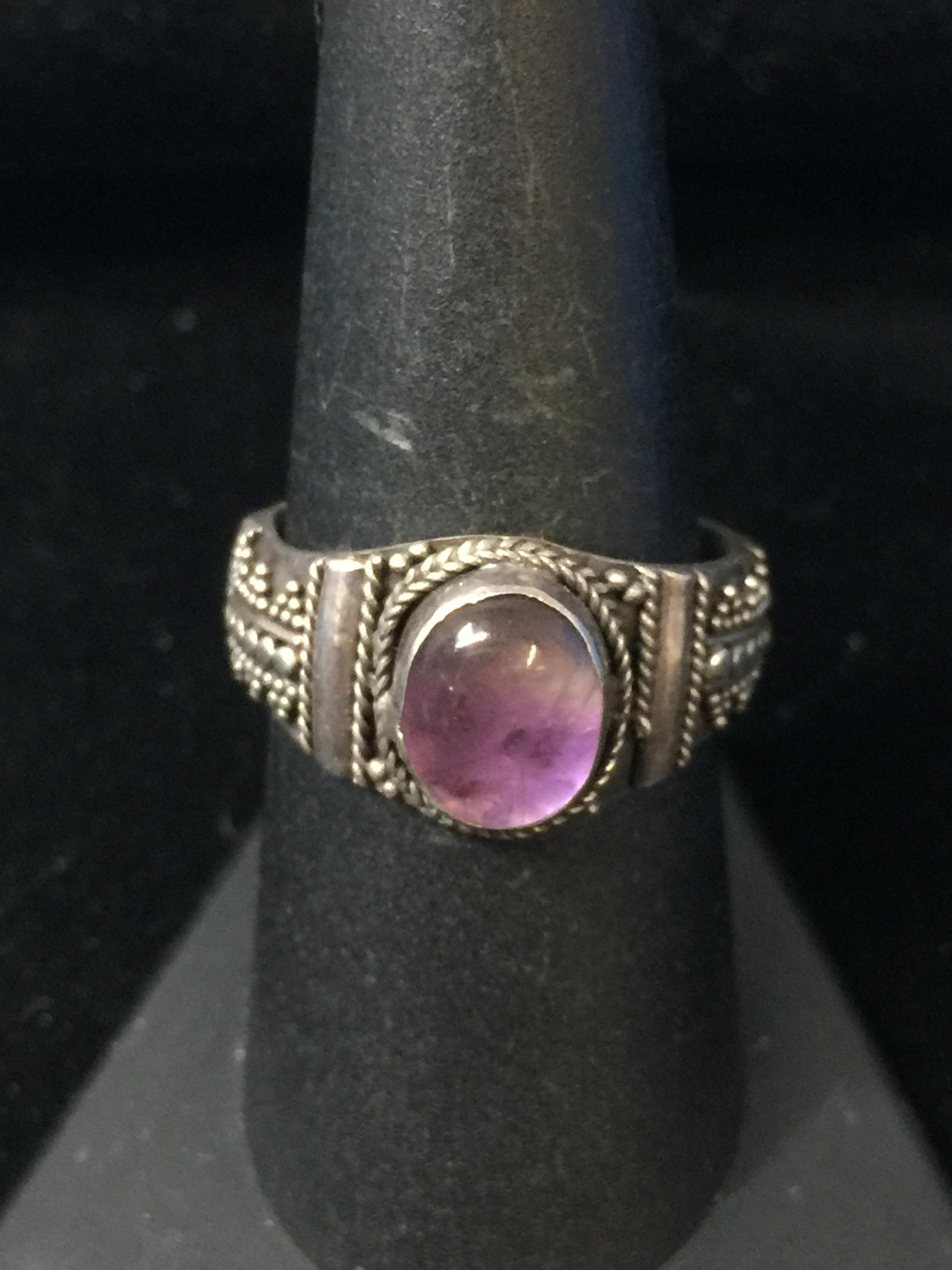 Bali Style Sterling Silver & Amethyst Ring - Size 8.5