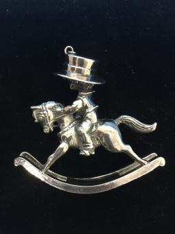 RARE Large Joan Walsh 1980 Sterling Silver Christmas Boy On Rocking Horse Ornament