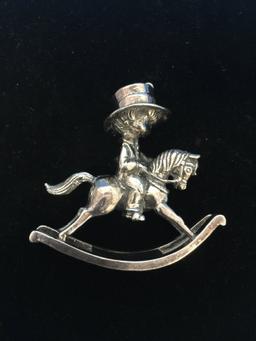 RARE Large Joan Walsh 1980 Sterling Silver Christmas Boy On Rocking Horse Ornament