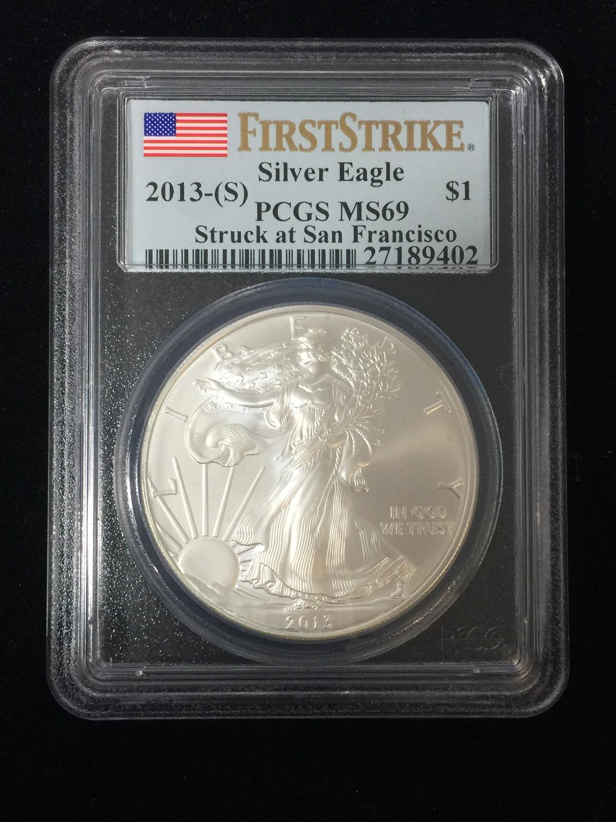 PCGS MS69 First Strike 2013-S American Silver Eagle 1 Ounce .999 Fine Silver Bullion Coin