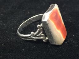 Vintage Sterling Silver & Agate Ring - Size 7 (Clipped Band)