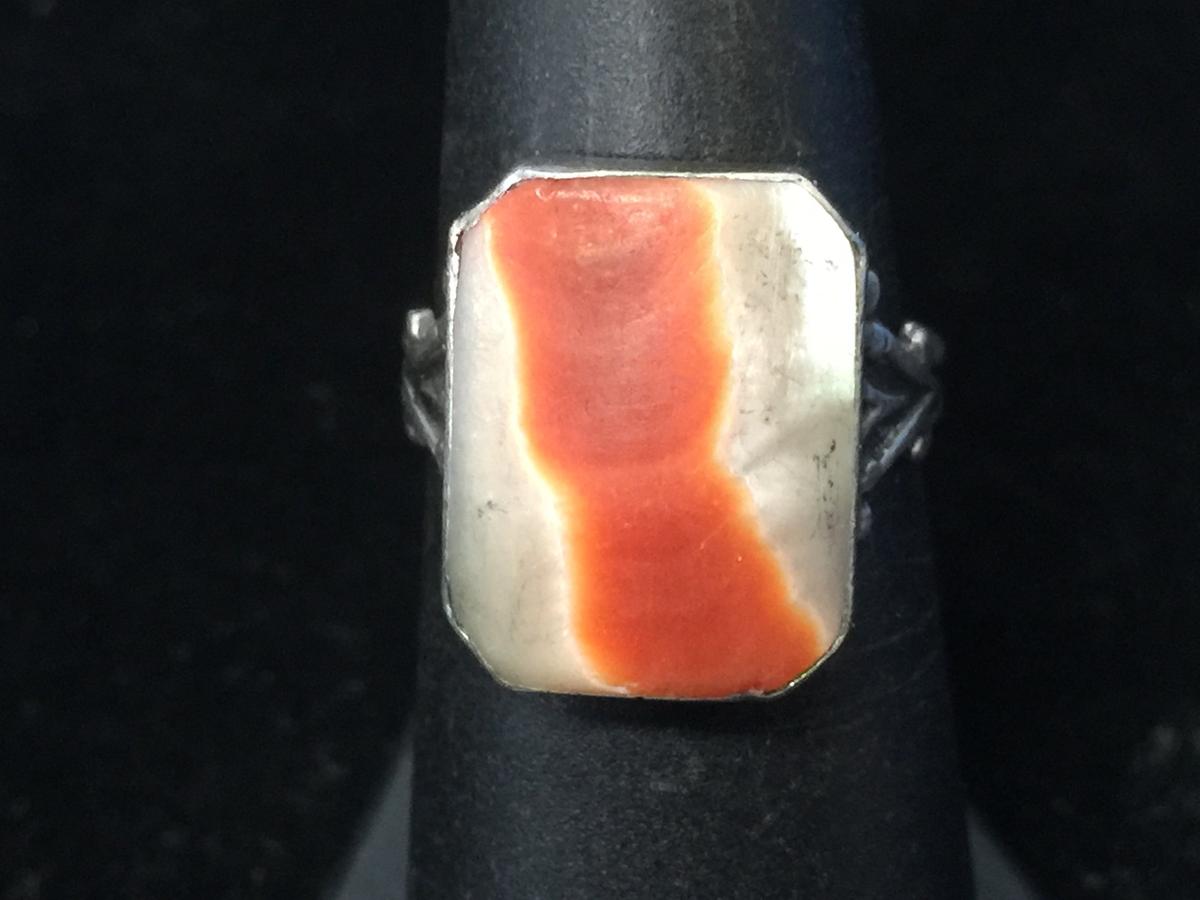 Vintage Sterling Silver & Agate Ring - Size 7 (Clipped Band)