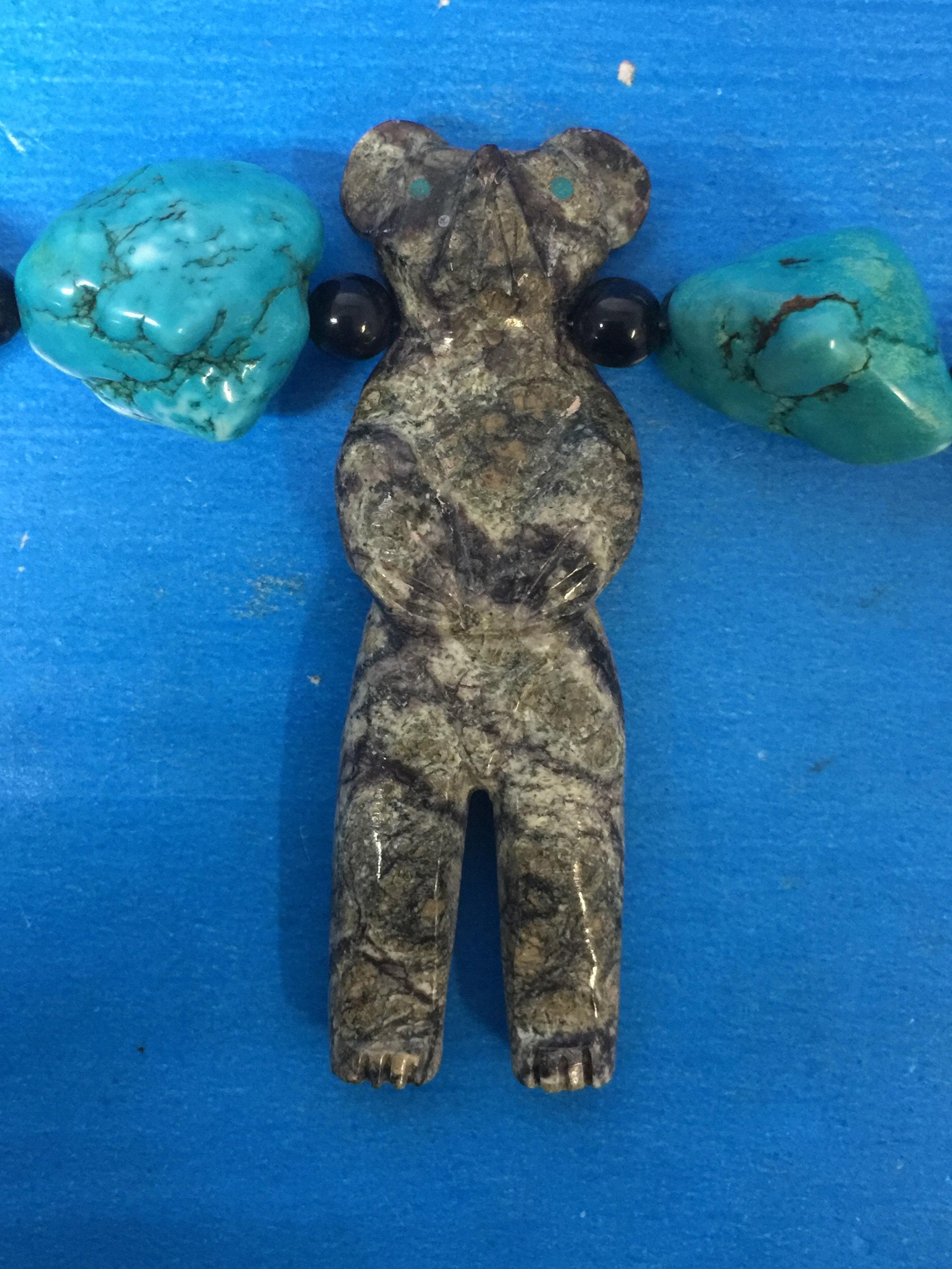 Navajo Native Sterling Silver & Carved Stone Fetish Bear Necklace -Heavy
