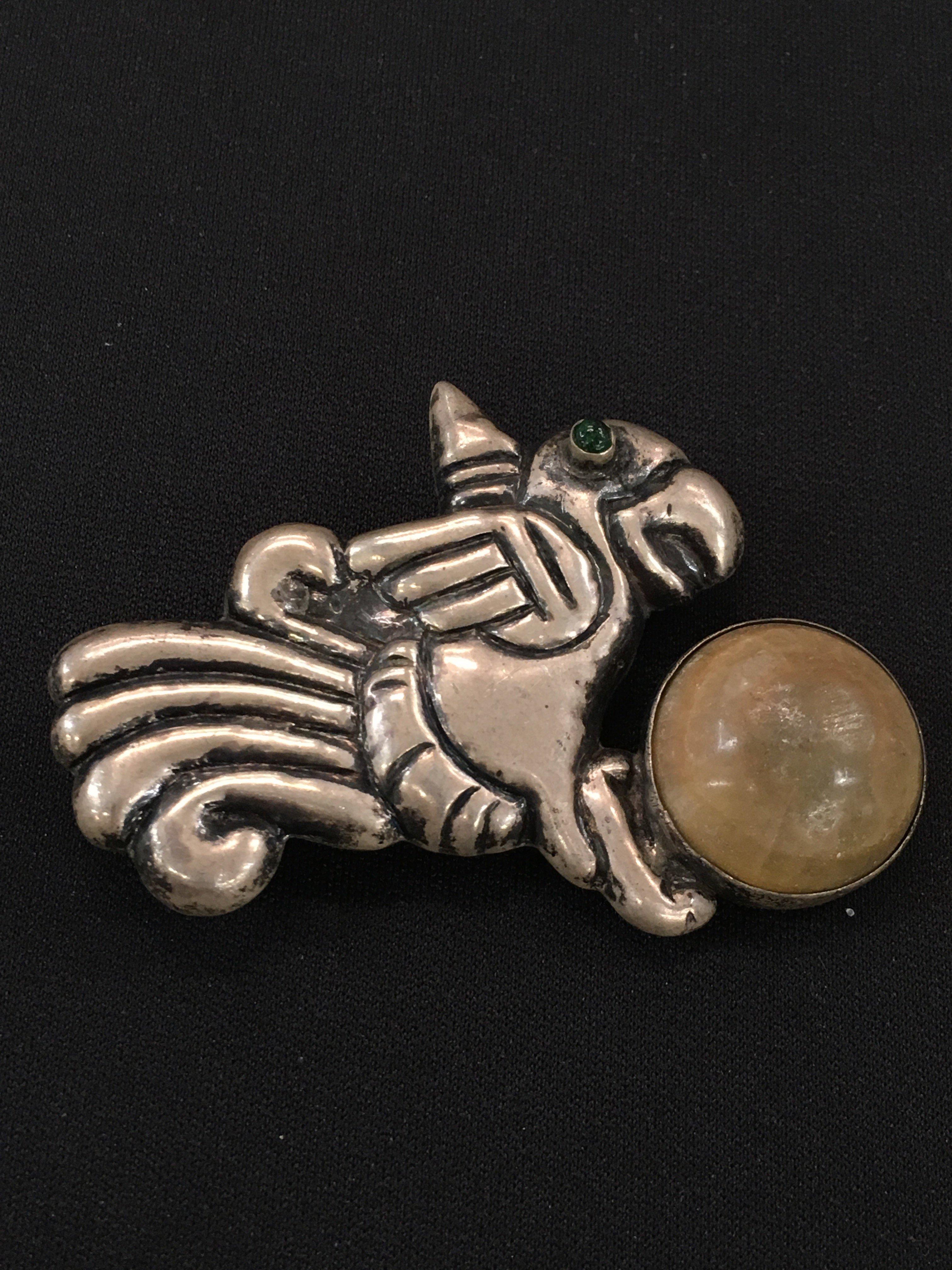 Large Earthstone & Sterling Silver Parrot Brooch - 17 Grams