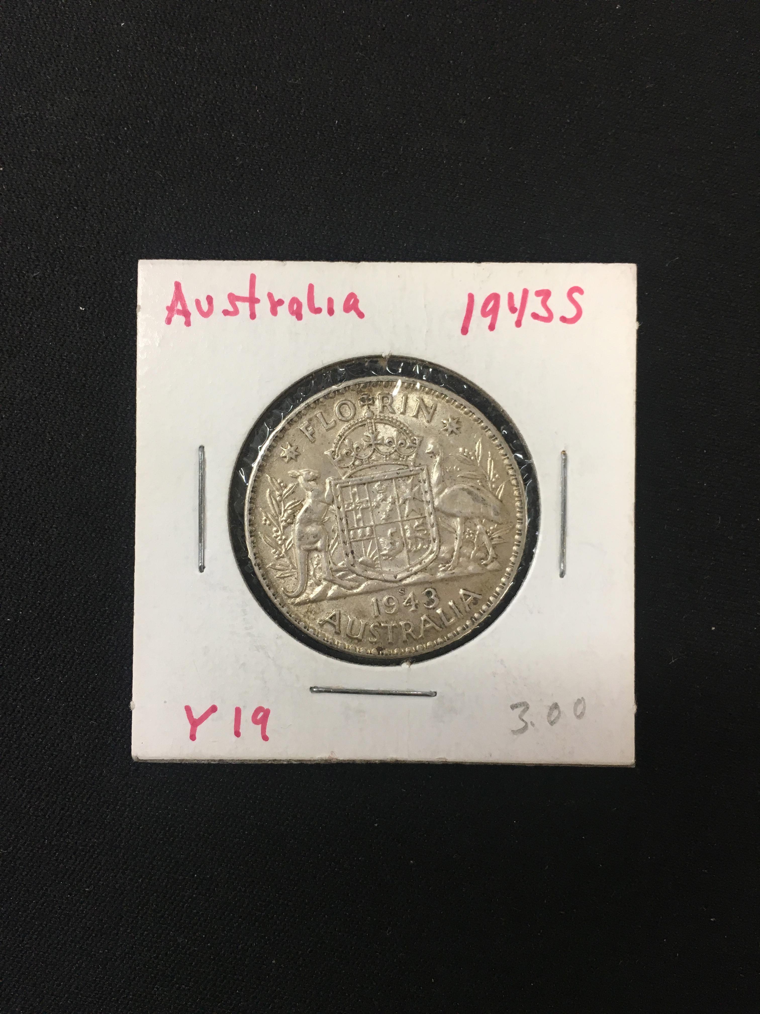 1943 Australia 1 Florin Silver Foreign Coin - 92.5% Silver Coin - .3363 ASW