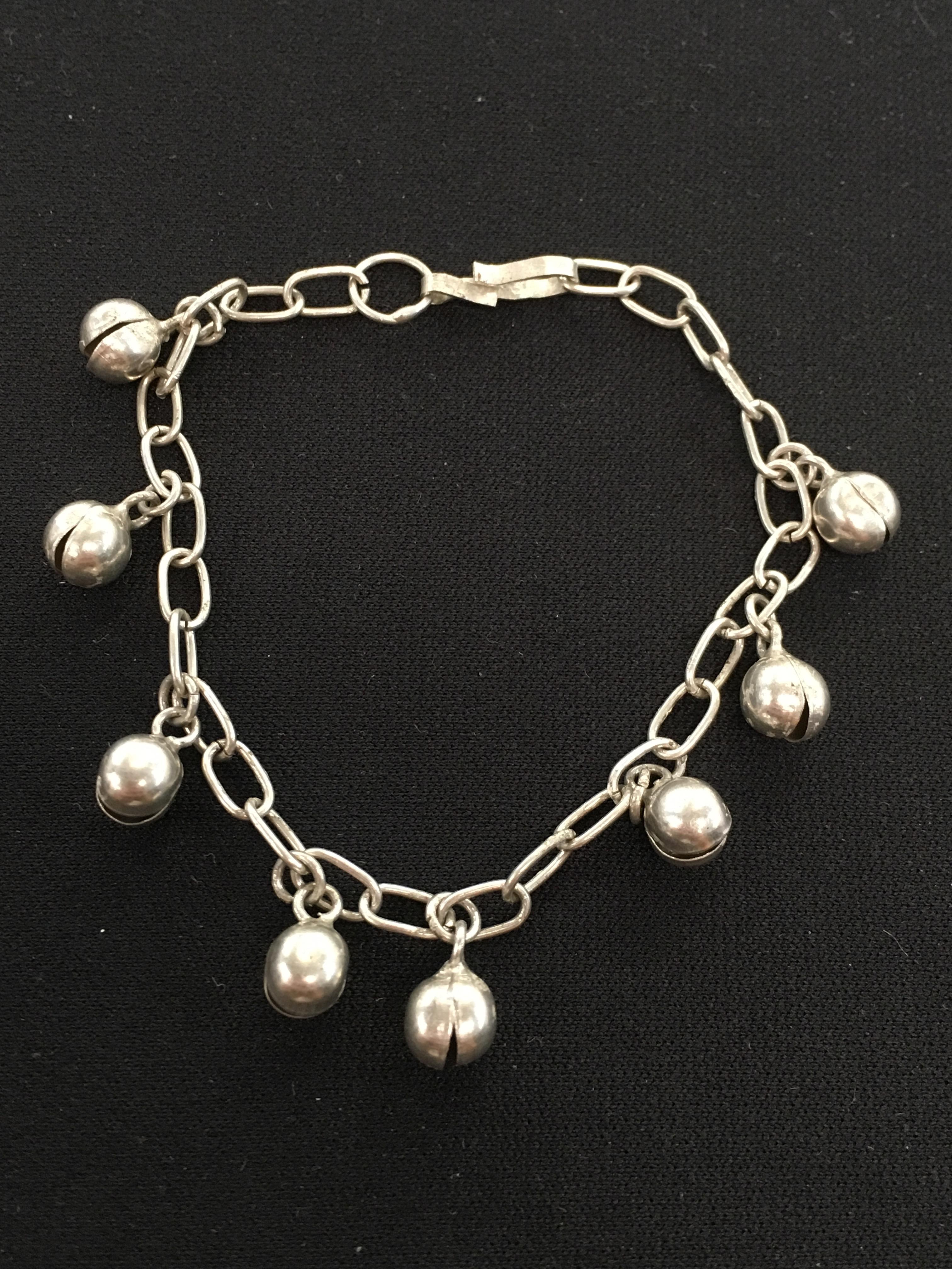 Sterling Silver 7" Cable Link Bracelet w/ Silver Bell Charms