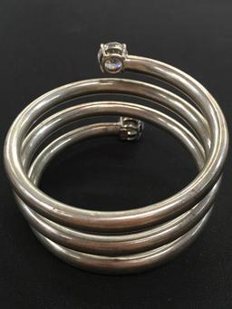 Large Wide Modern Sterling Silver Coil Wrap w/ Large White Gemstones - 48 Grams
