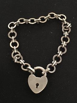 Vintage Sterling Silver 8" Cable Link Bracelet w/ Unique Heart Clasp