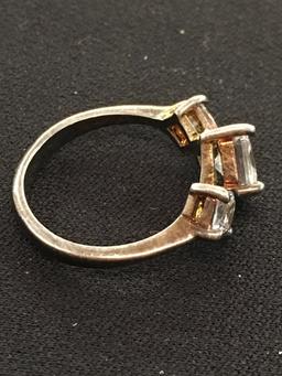 Antique Three-Stone Sterling Silver Ring w/ Three White Princess Cut Gemstones - Size 5.75