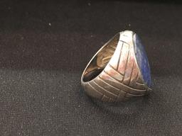 Large Hand Carved Native American Sterling Silver Ring w/ Pear Lapiz - Size 6