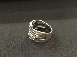 Contemporary Hand Carved Sterling Silver Ring Band w/ White Gemstone Accents - Size 6.5
