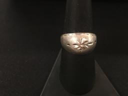 Brilliant Etched Carved Detail Sterling Silver Dome Ring Band - Size 7.75