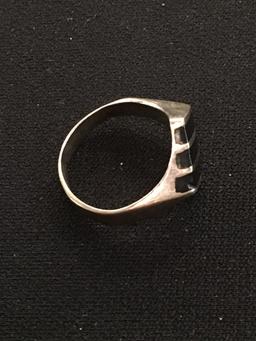 Solid Modern Sterling Silver Ring Band w/ Triple Onyx Inlay - Size 5