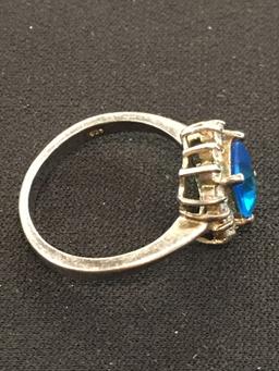 Rectagular Brilliant Blue Gemstone w/ Rhinestone Halo Sterling Silver Ring - Size 7.75