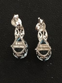 Brilliant Blue Pear Gemstones Set in Thai Made Scroll Motif Sterling Silver Earrings