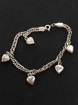 Italian Made Heart Charm Flat Cable Link 7" Sterling Silver Bracelet