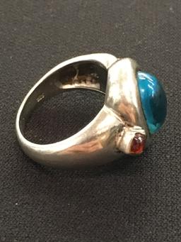 Abstract Hand Made Sterling Silver Ring w/ 11x10 Blue Oval Cabachon Center - Size 7