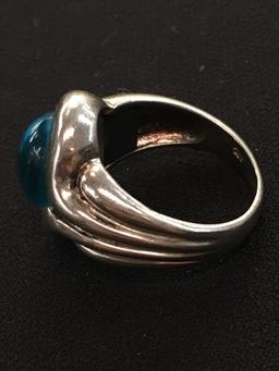 Abstract Hand Made Sterling Silver Ring w/ 11x10 Blue Oval Cabachon Center - Size 7