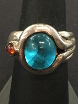 Abstract Hand Made Sterling Silver Ring w/ 11x10 Blue Oval Cabachon Center - Size 7