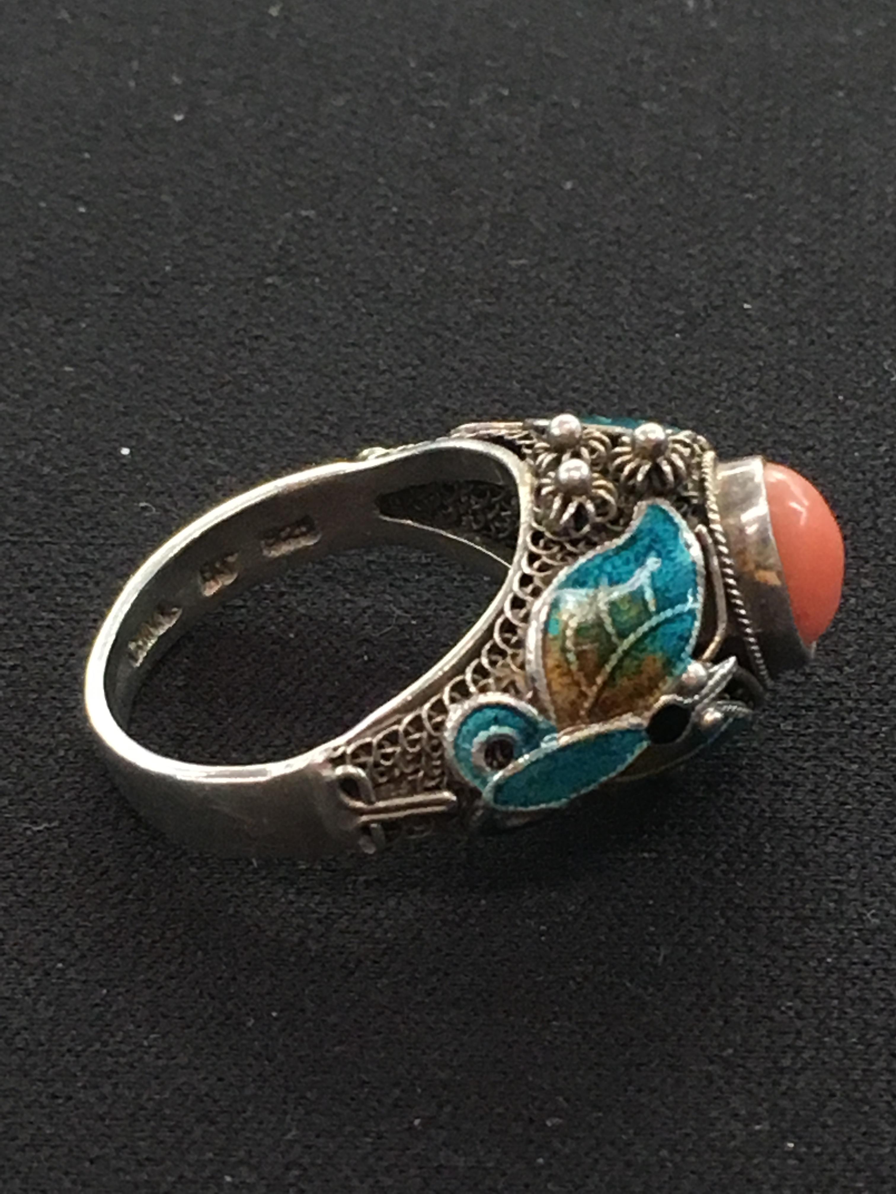 Vintage Butterfly Hand Enameled Motif Sterling Silver Cocktail Ring - Size 7