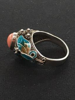 Vintage Butterfly Hand Enameled Motif Sterling Silver Cocktail Ring - Size 7