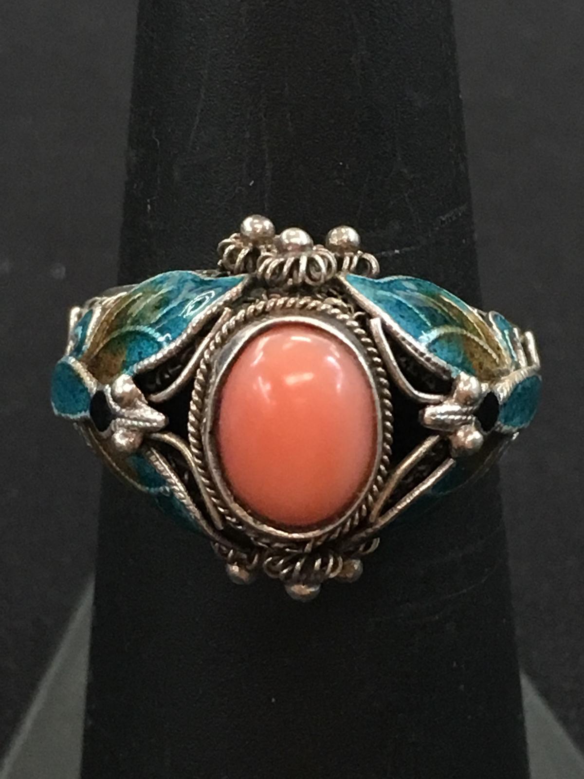 Vintage Butterfly Hand Enameled Motif Sterling Silver Cocktail Ring - Size 7