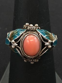 Vintage Butterfly Hand Enameled Motif Sterling Silver Cocktail Ring - Size 7