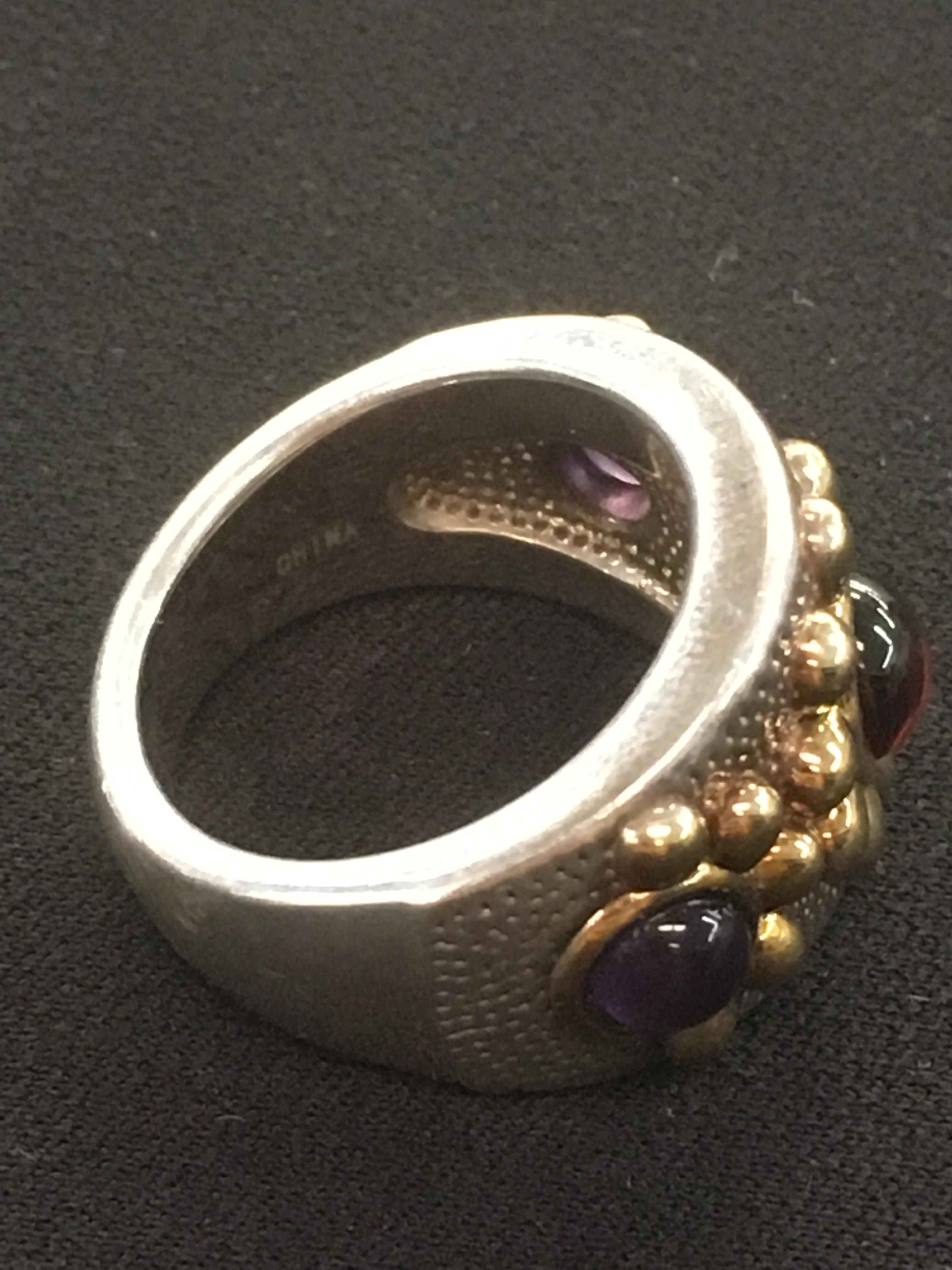 Wide Two-Tone Fashion Three-Amethyst Cabachon Sterling Silver Ring Band - Size 7