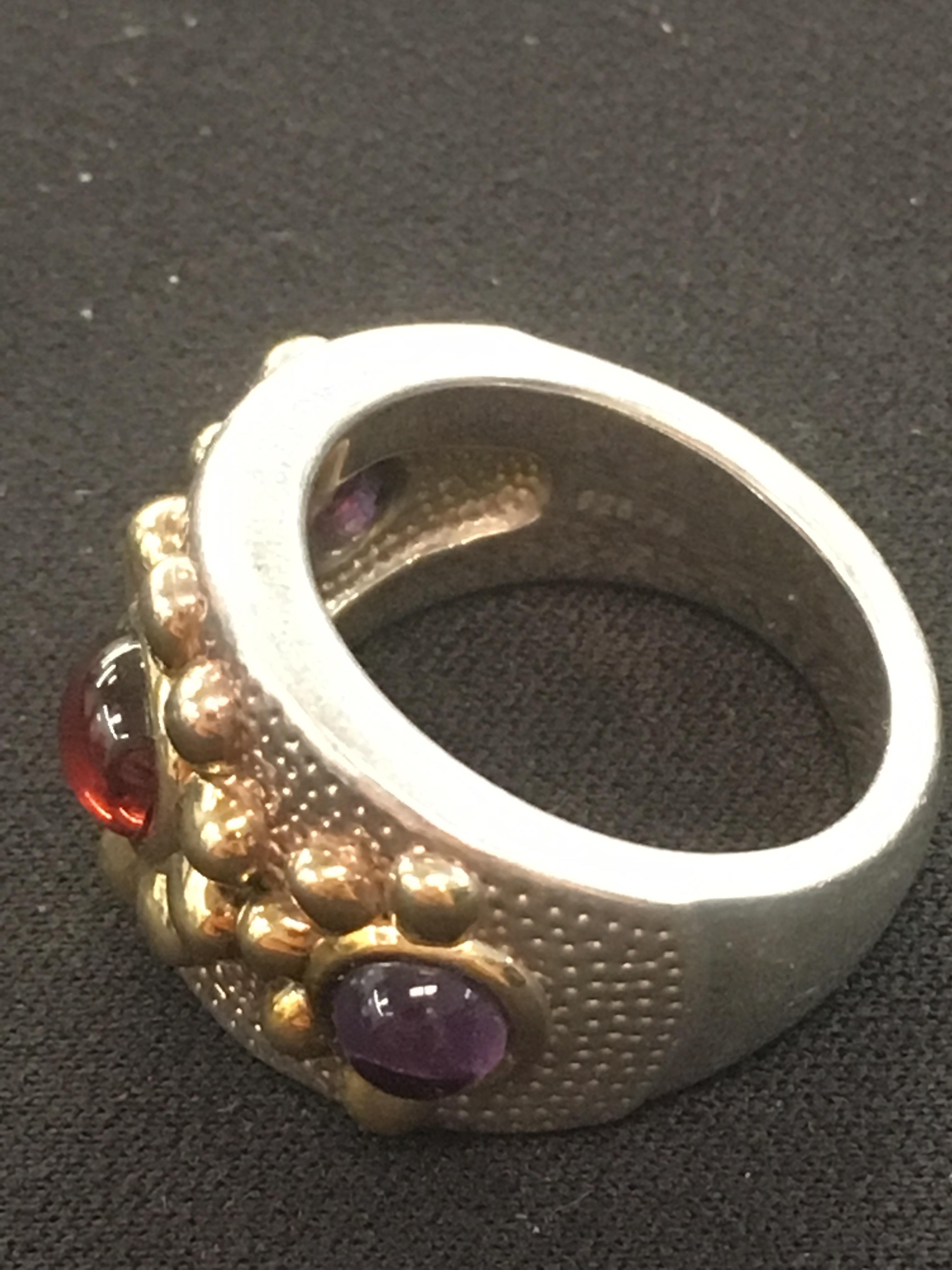 Wide Two-Tone Fashion Three-Amethyst Cabachon Sterling Silver Ring Band - Size 7