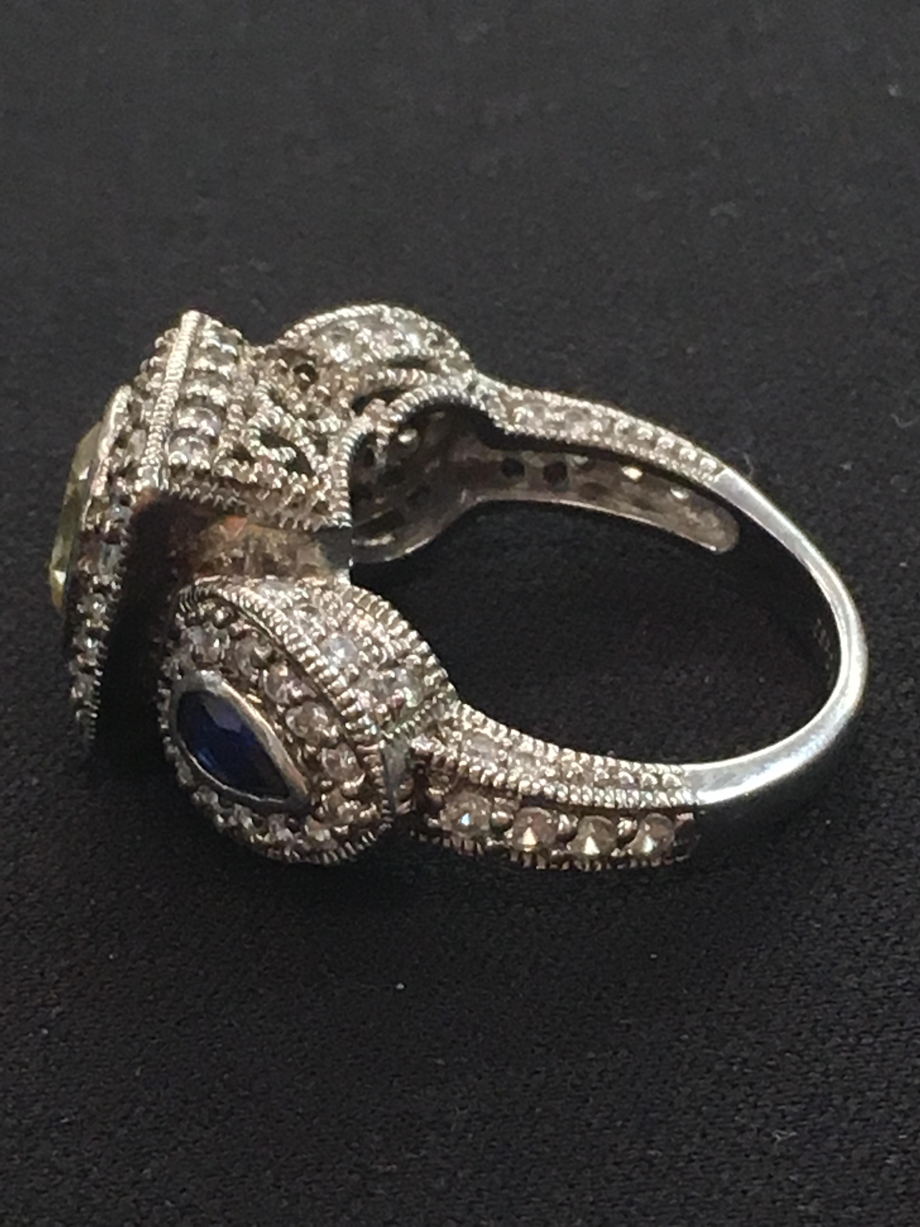Sterling Silver Cocktail Ring w/ 9.0 mm Round Yellow Gemstone, Blue Pear Sides & Rhinestone Halos -