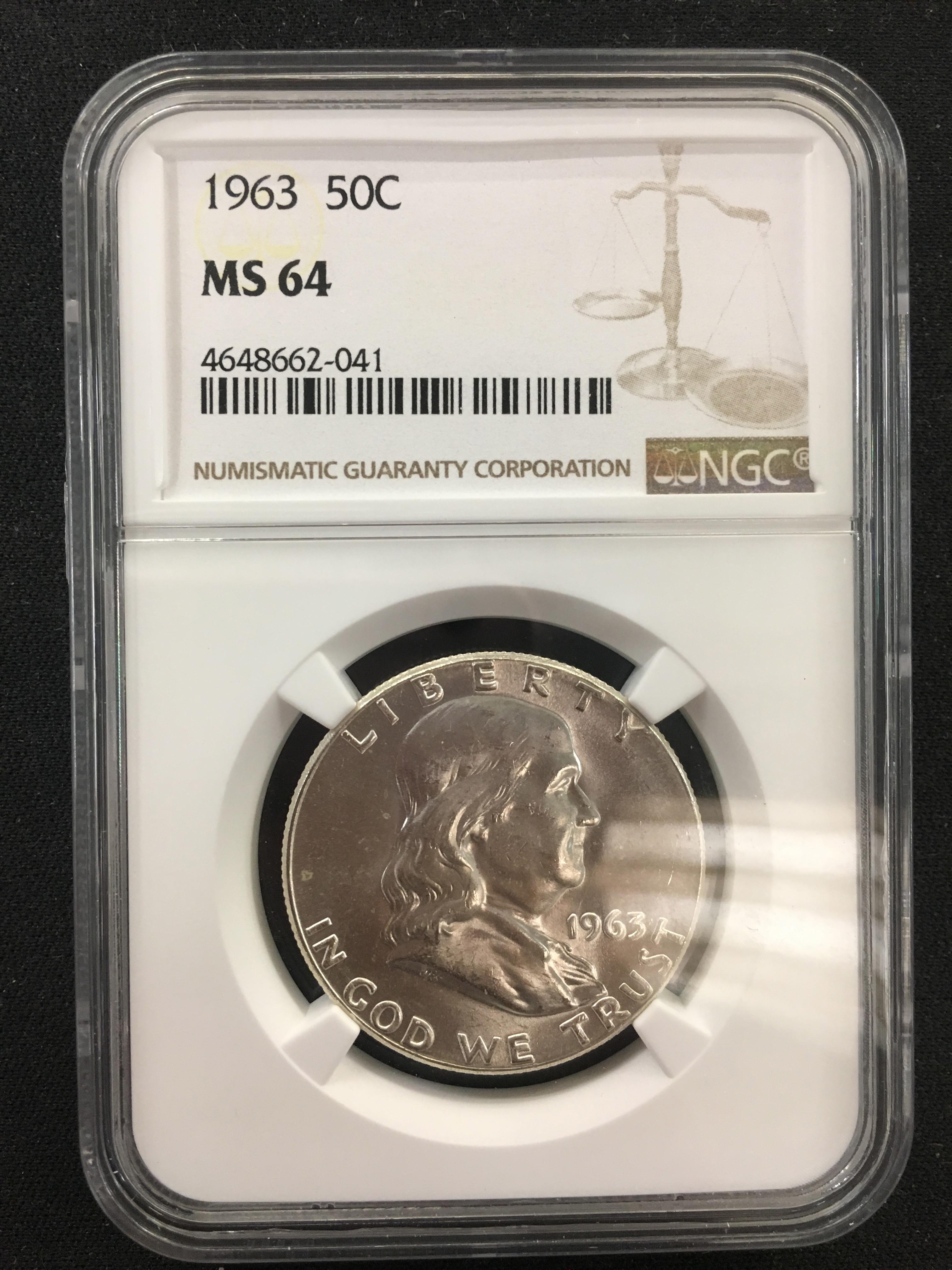 NGC Graded 1963 50C Franklin Silver Half Dollar Coin - MS 64