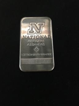 1 Troy ounce .999 Fine Silver National Refiners Assayers Silver Bullion Bar - Serial Numbered