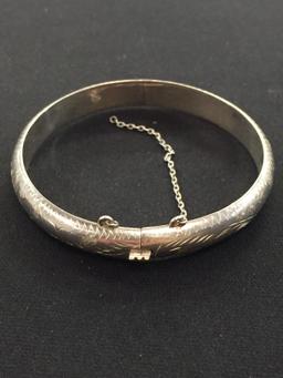 Sterling Silver Bangle Bracelet with Delicate Hand Etching & Safety Clasp