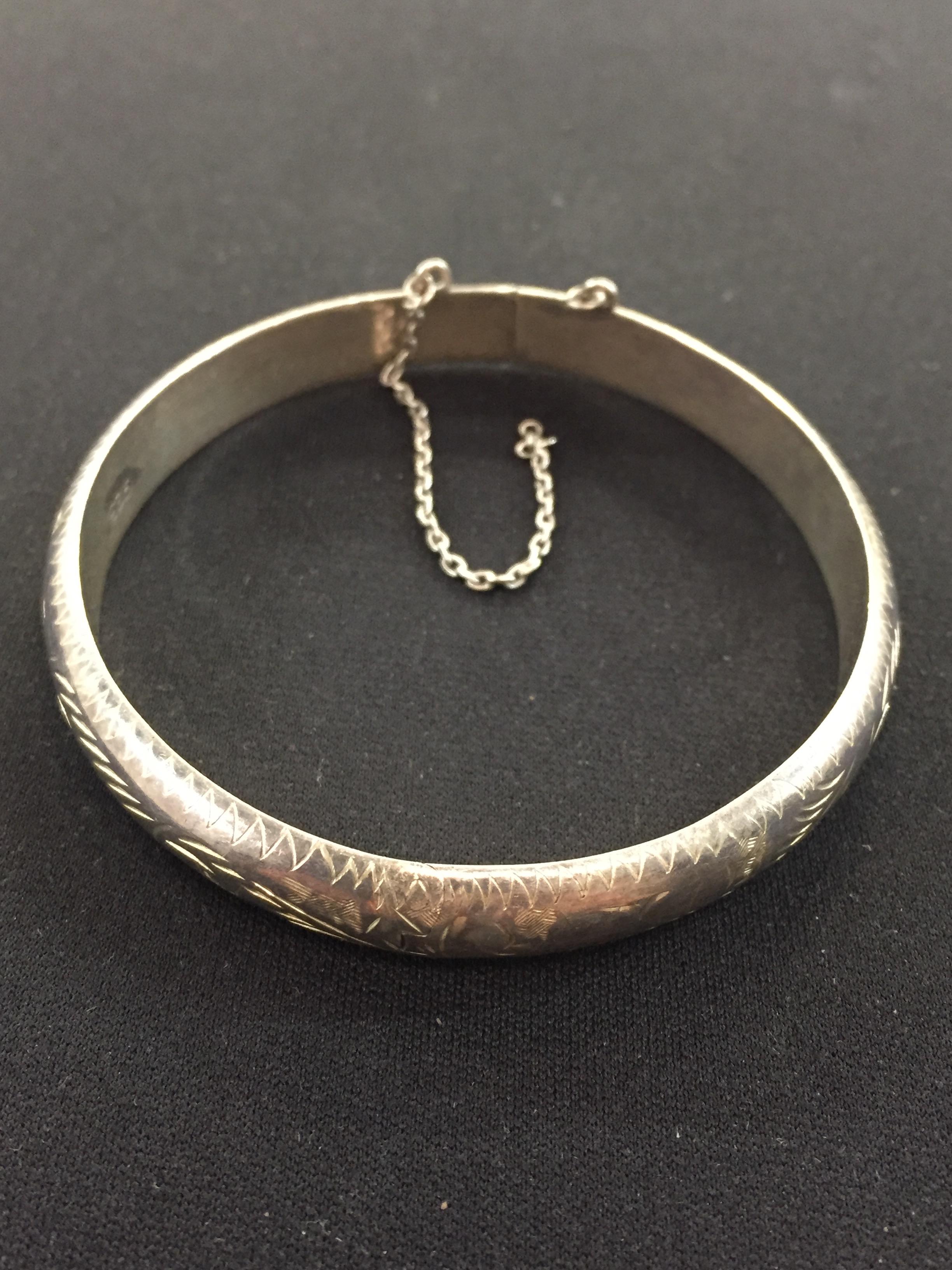 Sterling Silver Bangle Bracelet with Delicate Hand Etching & Safety Clasp