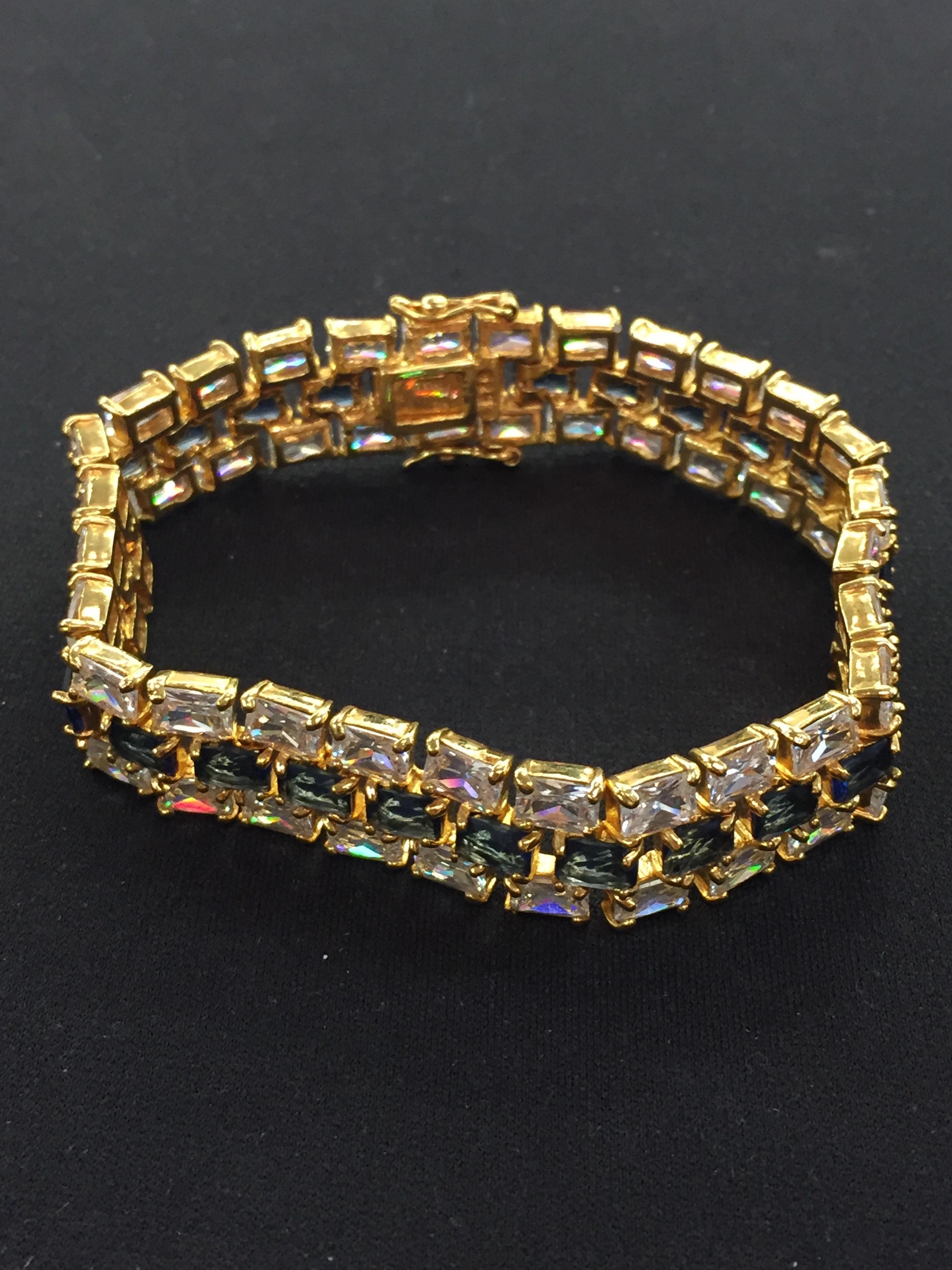 Thai Made Dramatic Rhinestone & Sapphire Gold-Tone 9" Link Bracelet